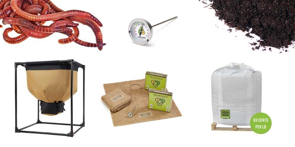 A collection of Urban Worm Products like the Urban Worm bag, worm castings, and accessories